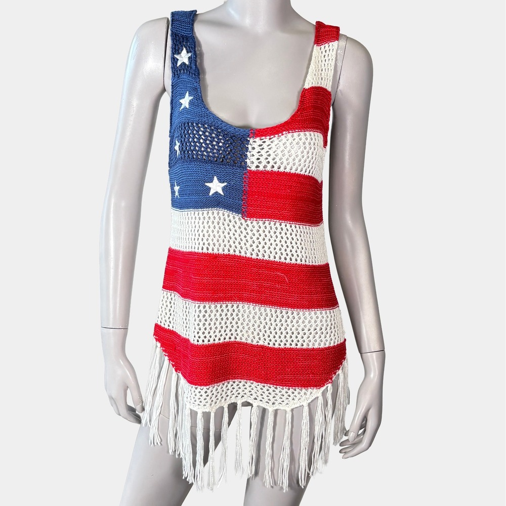 Cloud Chaser American Flag Crochet Fringe Tank Top Womens M Red White Blue
